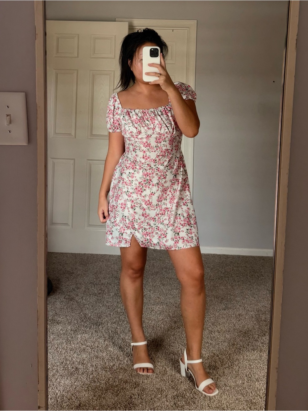 🌸 White & Pink Floral Square-Neck Mini Dress 🌸